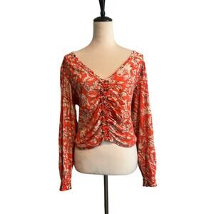 Free People- Say the word - red ruched floral crop top- Size Medium